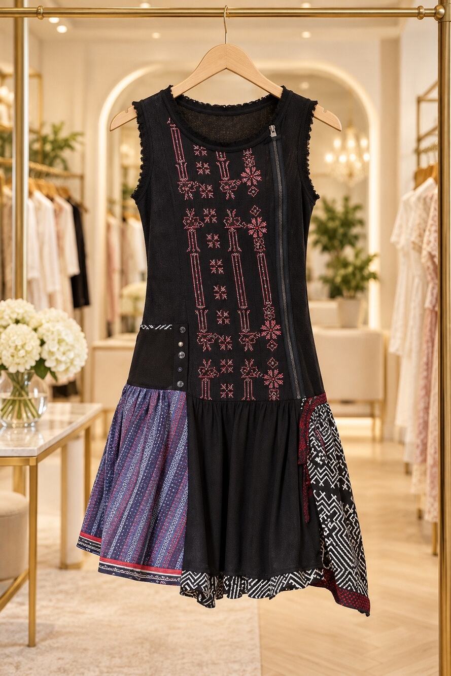 Desigual 36 XS Embroidered Asymmetrical Mixed Media Sleeveless Dress Pockets